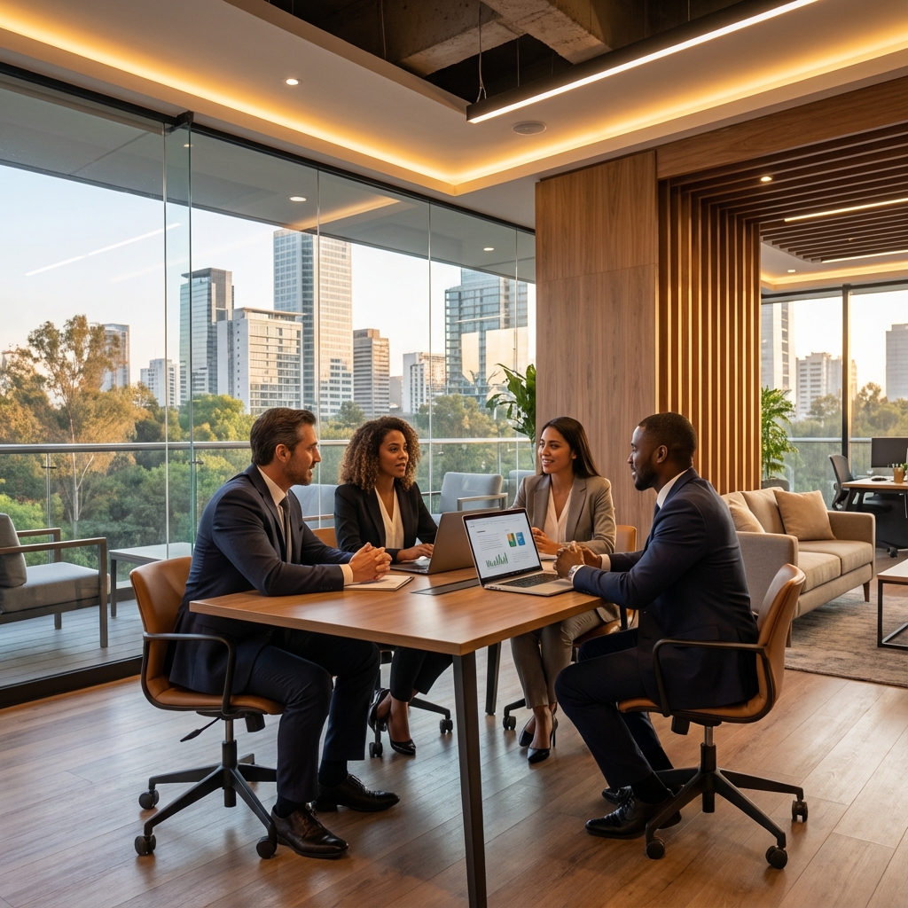 Profesionales inmobiliarios colaborando en espacios de Grupo Naga