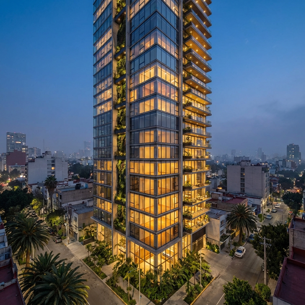 Proyecto inmobiliario vertical moderno en la Ciudad de México