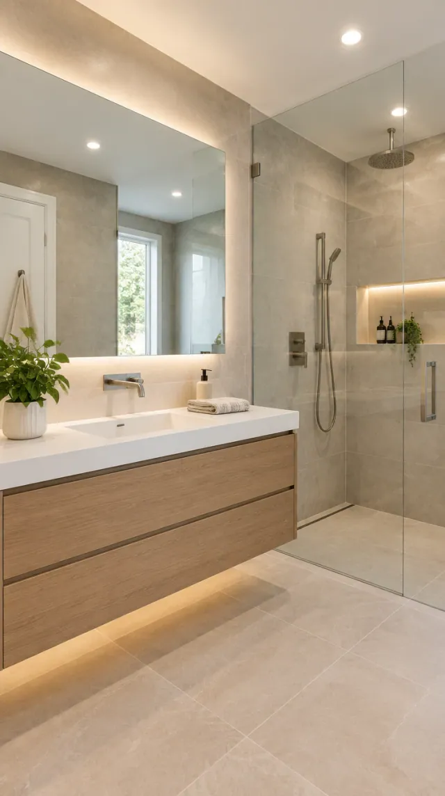 Baño moderno con iluminación cálida y mobiliario de madera