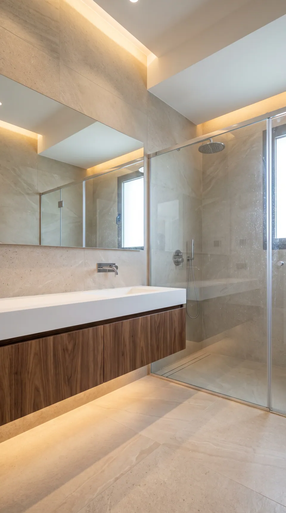 Baño contemporáneo con iluminación indirecta y cancel de cristal