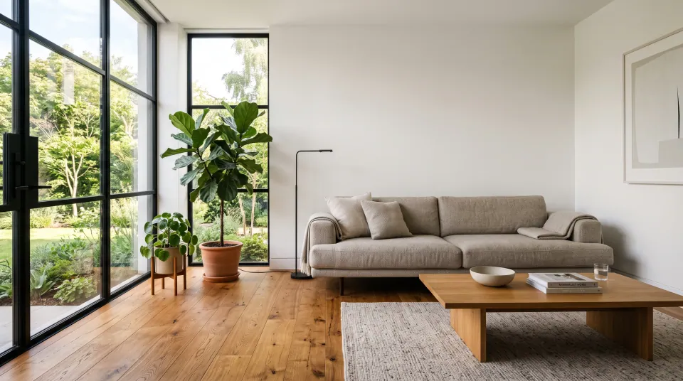 Sala contemporánea fotografiada para la presentación de un desarrollo inmobiliario